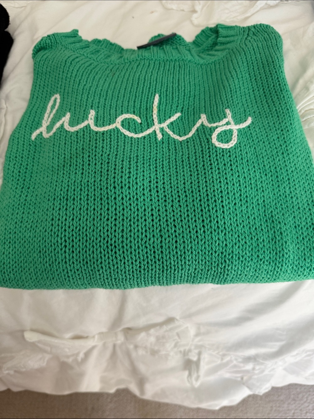 Wooden Ships Green Crewneck Sweater with White Script “Lucky”